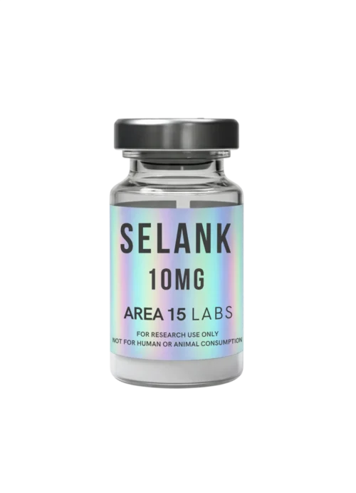 Selank 10mg vial for biochemical research, lyophilized peptide powder.