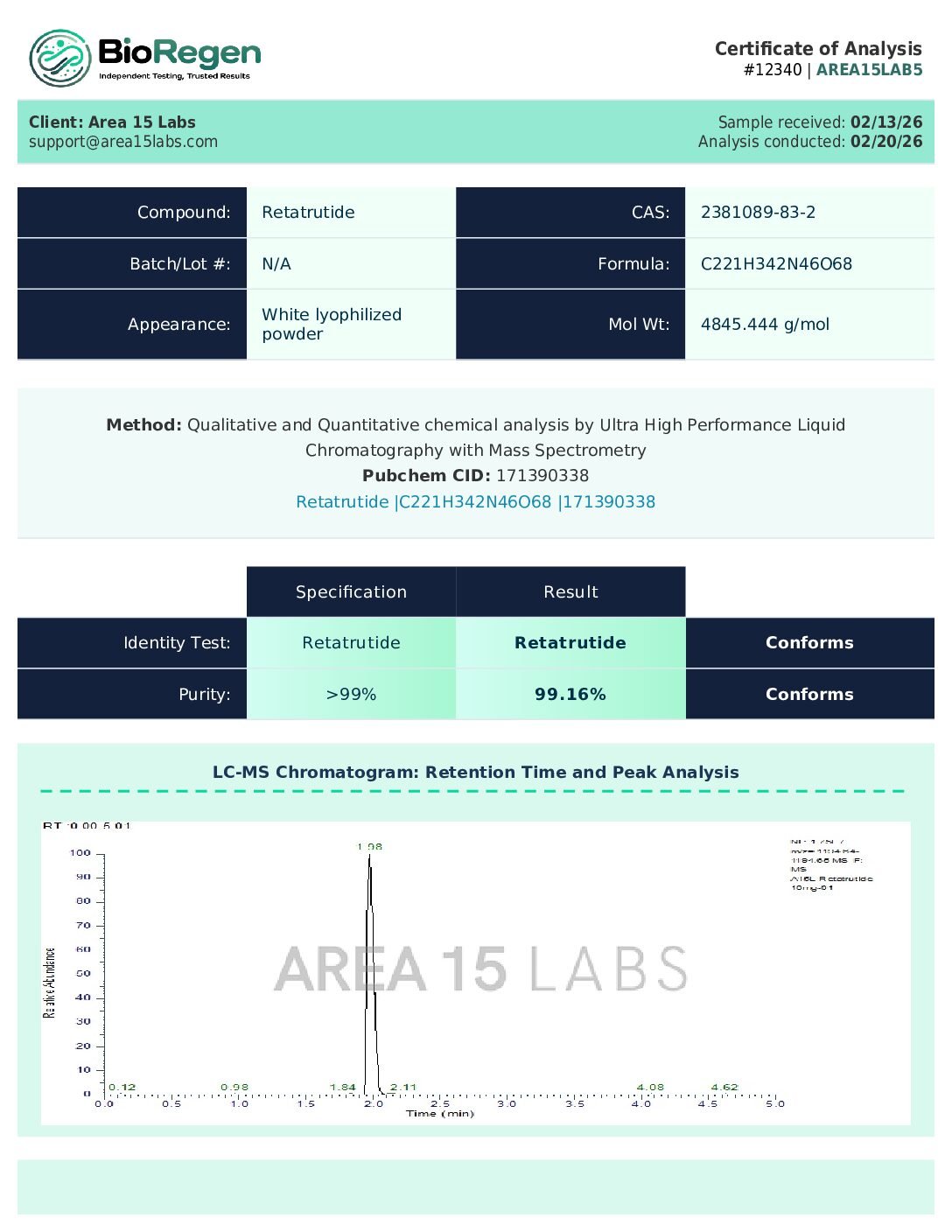 Retatrutide-10Mg-Coa-Purity-Report-Area-15-Labs RT 10mg