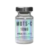 Vial of MOTS-c 10mg mitochondrial-derived peptide for biochemical research and laboratory evaluation.