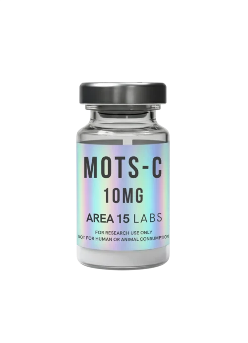 Vial of MOTS-c 10mg mitochondrial-derived peptide for biochemical research and laboratory evaluation.