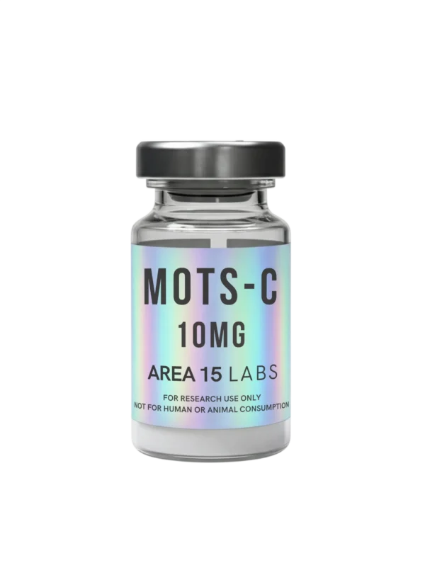 Vial of MOTS-c 10mg mitochondrial-derived peptide for biochemical research and laboratory evaluation.