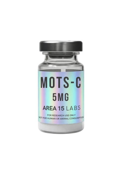 Vial of MOTS-c 5mg mitochondrial-derived peptide for biochemical research and laboratory evaluation.