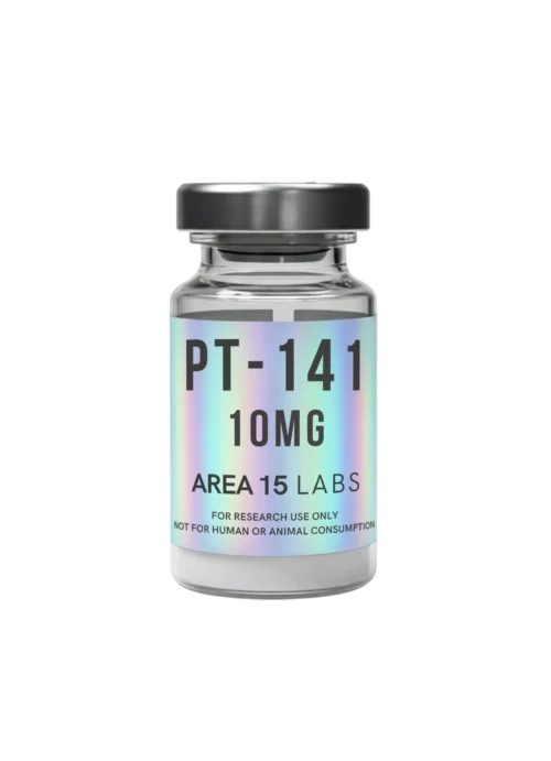 PT-141 (Bremelanotide) 10mg lyophilized peptide vial for laboratory research and chemical analysis of melanocortin receptors.