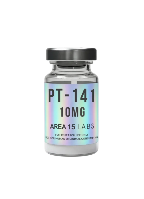 PT-141 (Bremelanotide) 10mg lyophilized peptide vial for laboratory research and chemical analysis of melanocortin receptors.
