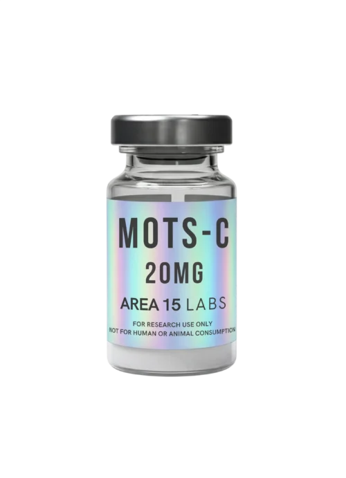Vial of MOTS-c 20mg mitochondrial-derived peptide for biochemical research and laboratory evaluation.