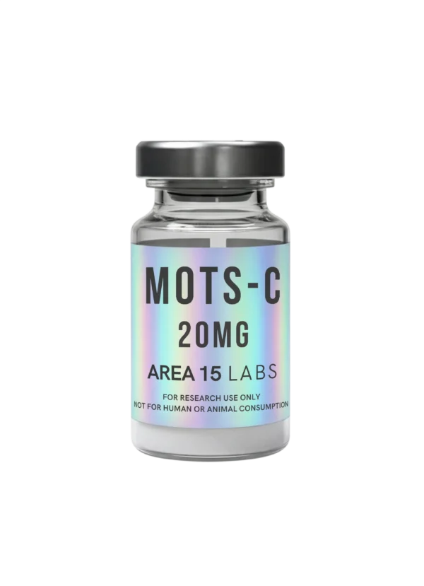 Vial of MOTS-c 20mg mitochondrial-derived peptide for biochemical research and laboratory evaluation.