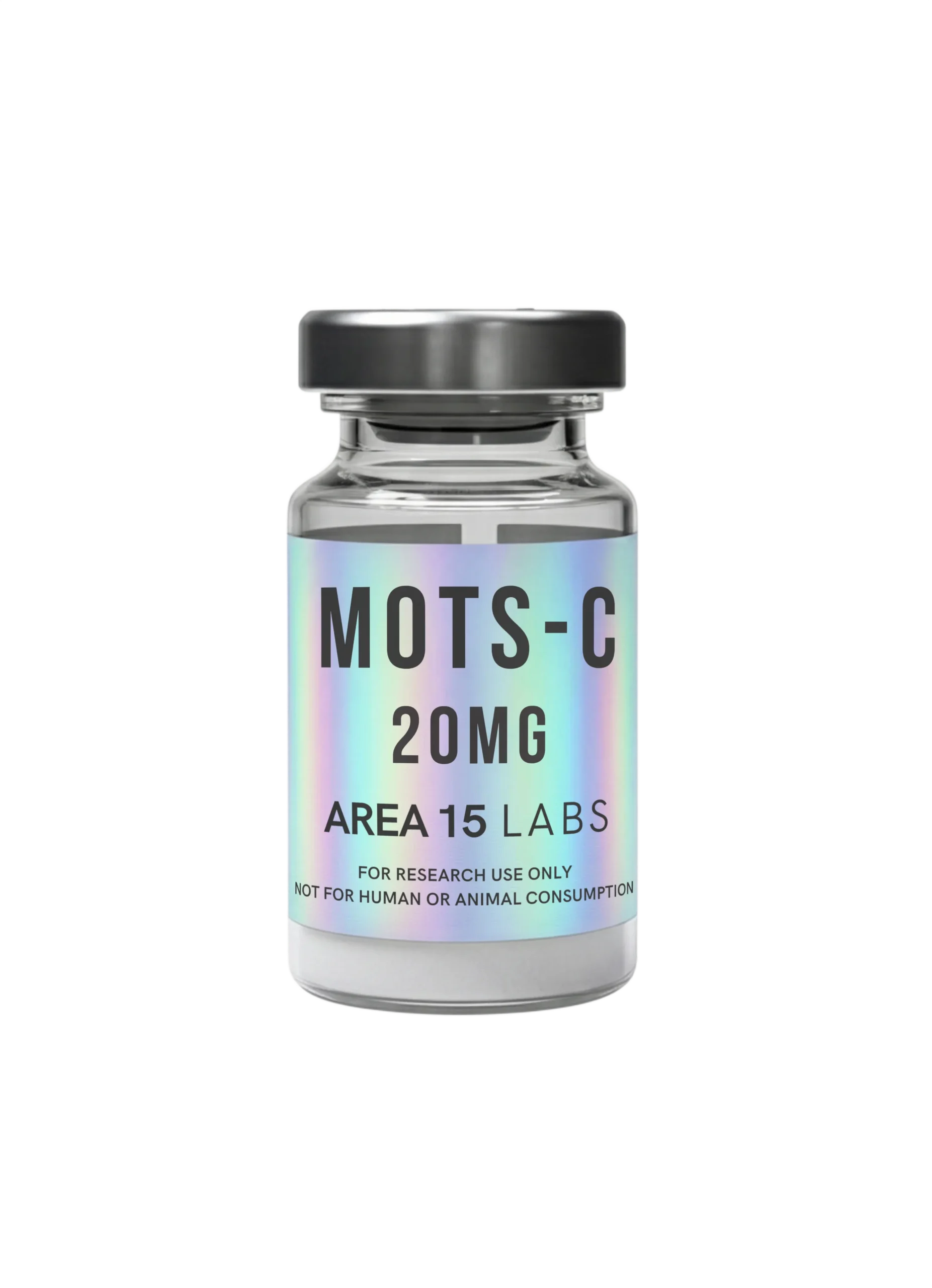 Vial of MOTS-c 20mg mitochondrial-derived peptide for biochemical research and laboratory evaluation.