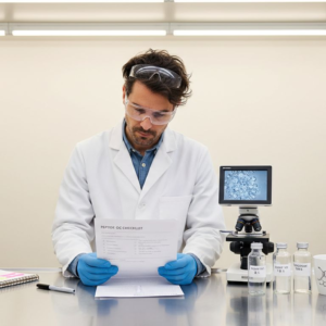 Scientist reviews peptide checklist in lab