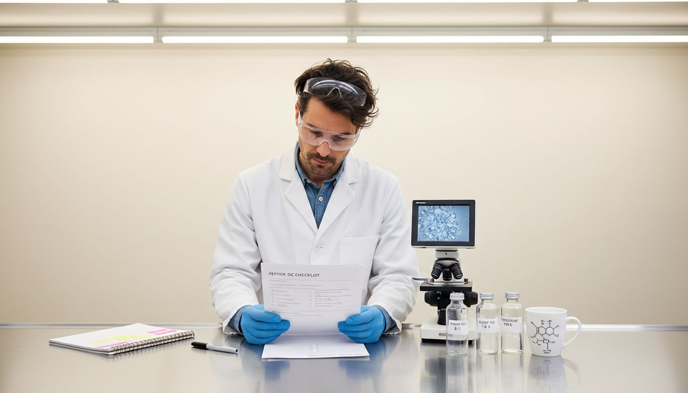 Scientist reviews peptide checklist in lab