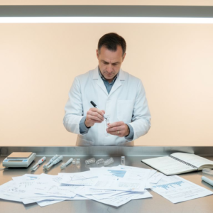 Lab technician labeling peptide vials in lab