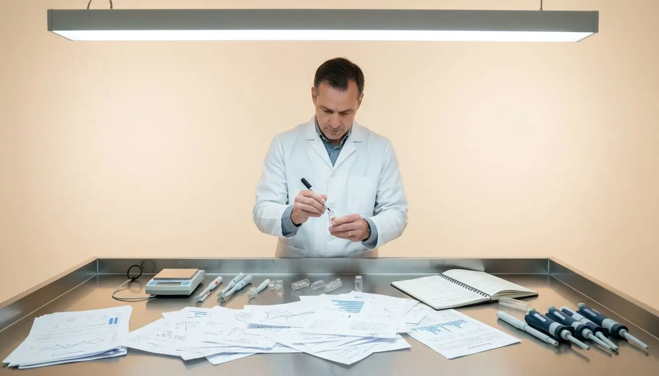 Lab technician labeling peptide vials in lab