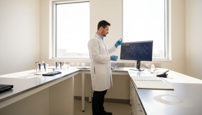 Lab technician verifying peptide test results