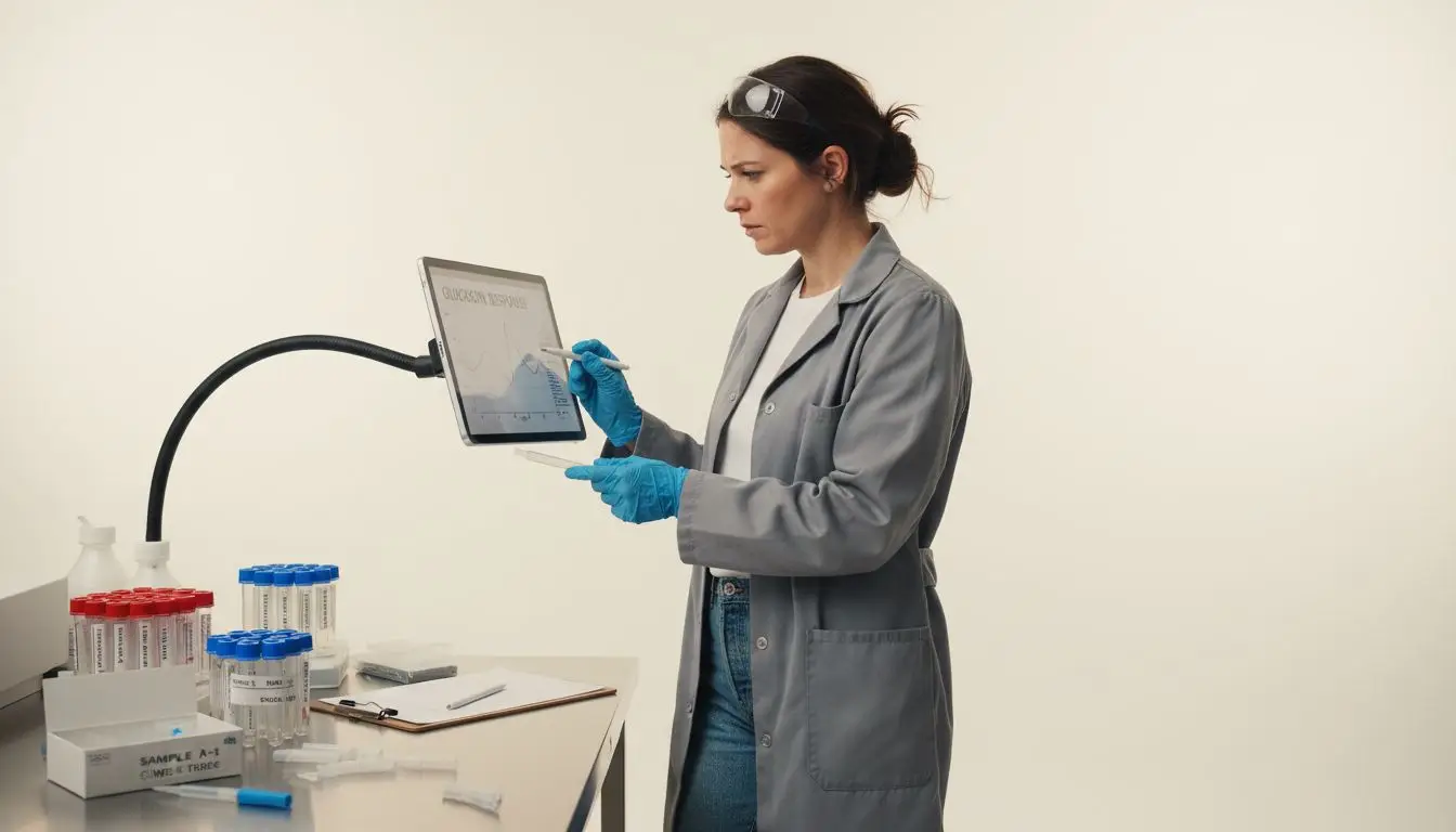 Researcher analyzing glucagon data in lab setting