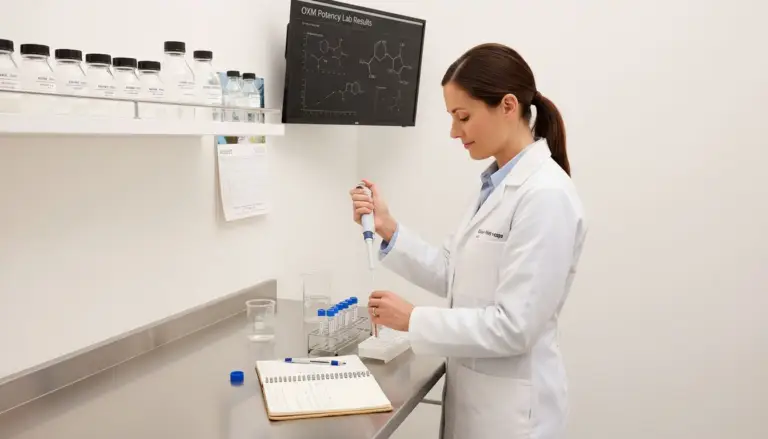 Scientist analyzing peptide samples in biotech lab