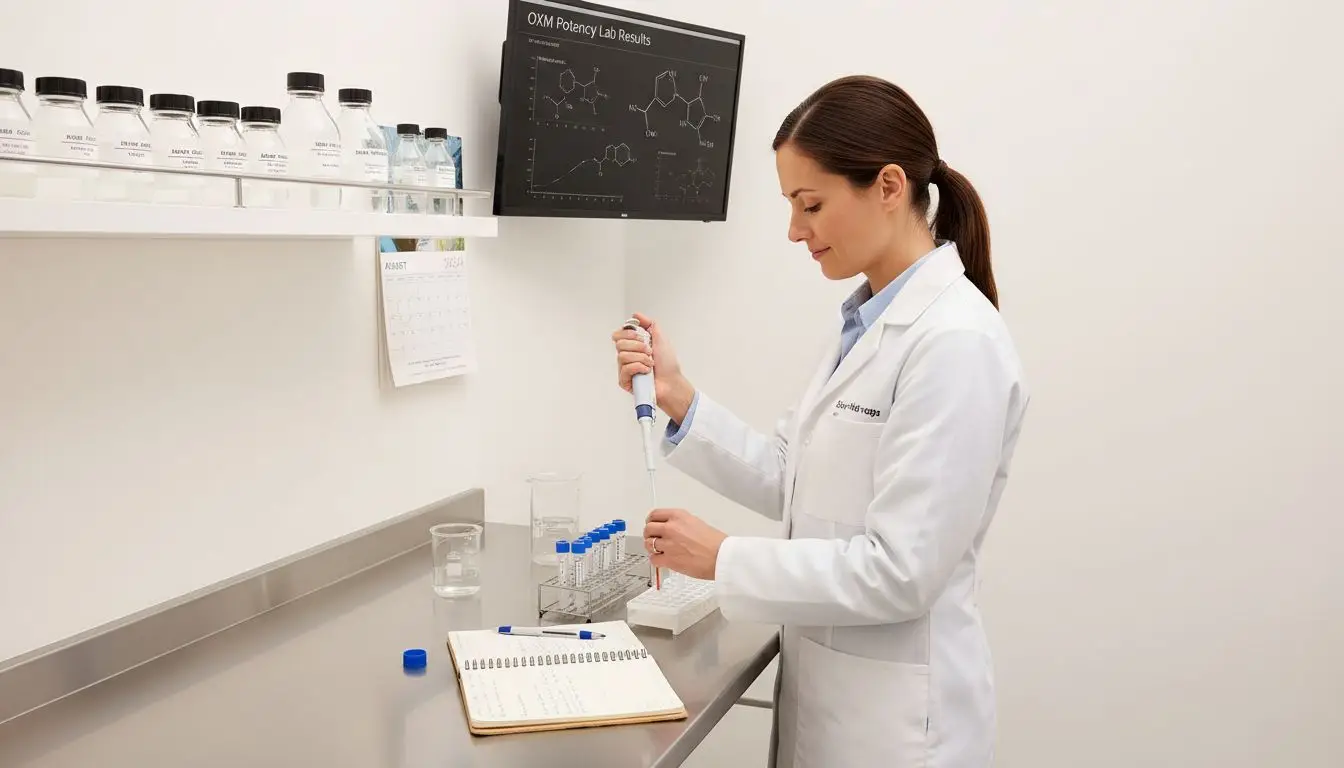 Mazdutide Signaling: Why Oxyntomodulin Potency Matters 1 Scientist analyzing peptide samples in biotech lab