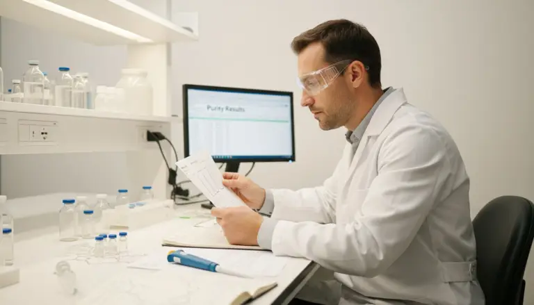 Scientist reviewing peptide purity results at lab bench