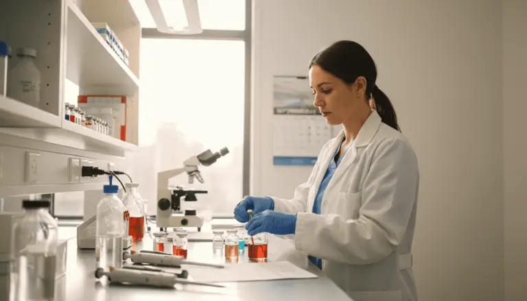 Lab technician organizing peptide analysis workspace