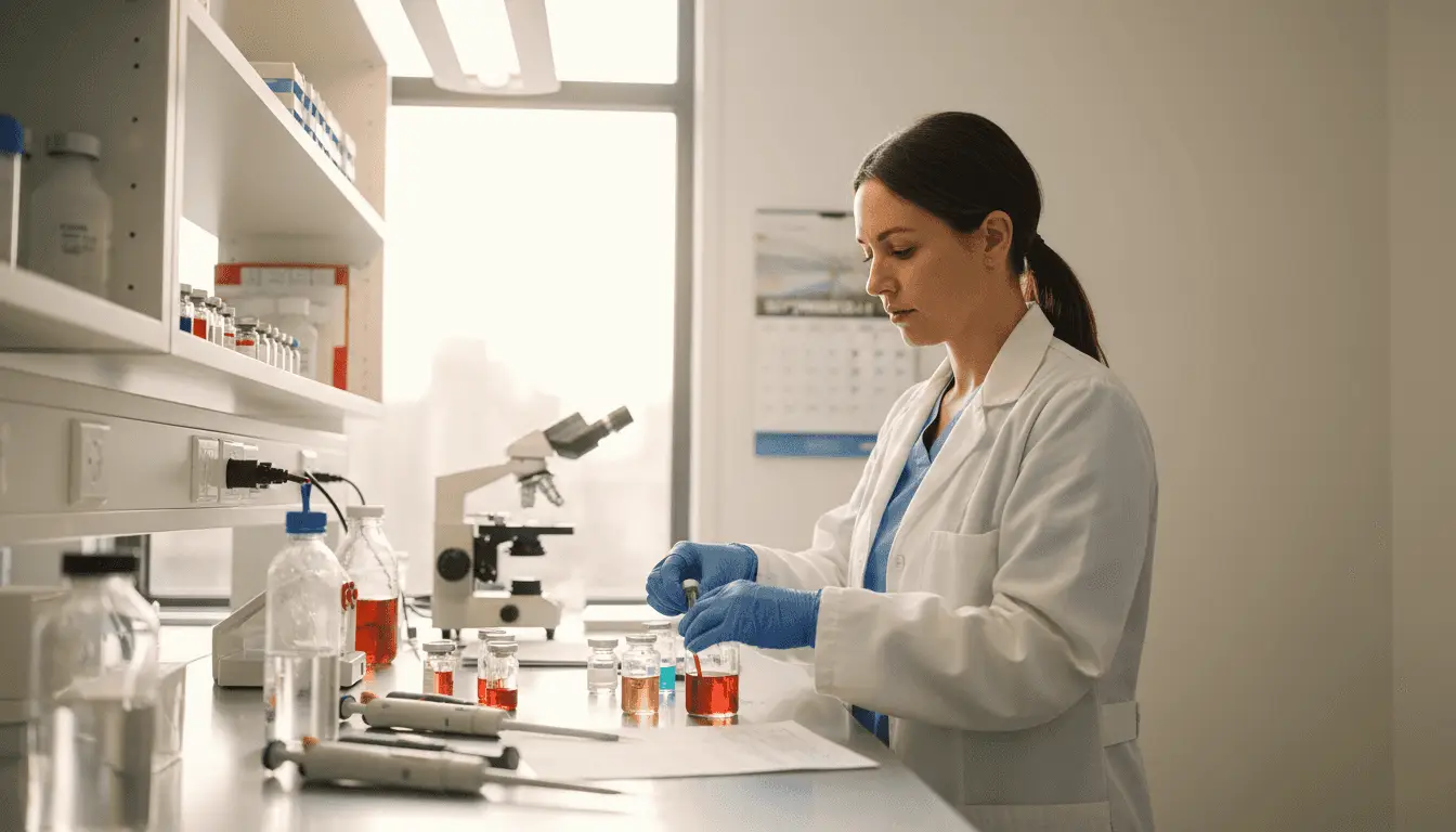 Lab technician organizing peptide analysis workspace