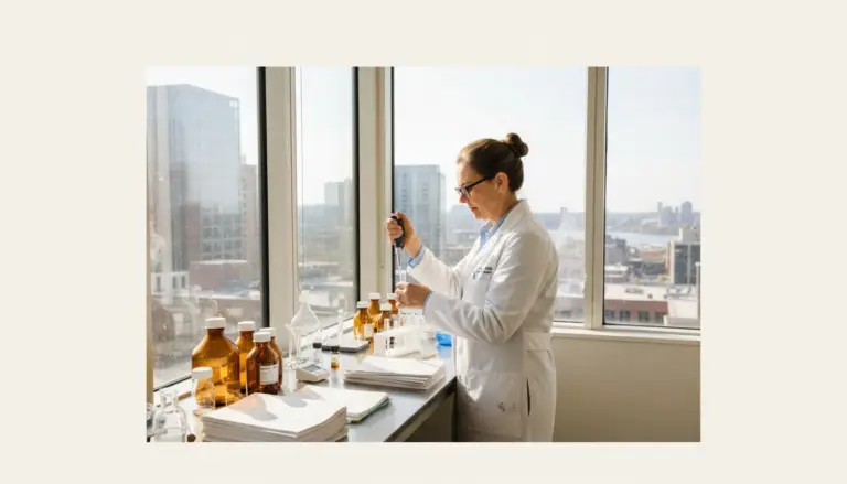 Researcher in hepatic metabolism lab workspace