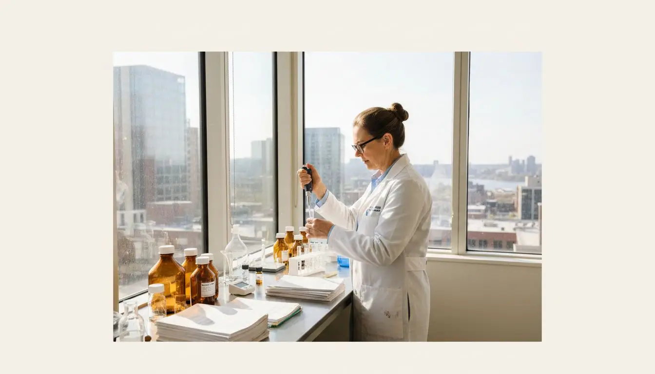 Researcher in hepatic metabolism lab workspace