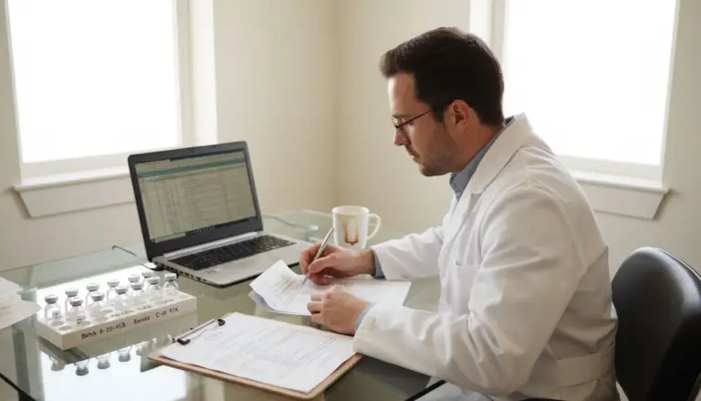 Scientist reviewing peptide checklist at cluttered desk