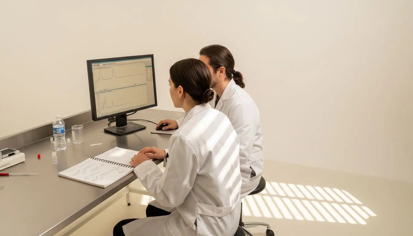 Scientists examine HPLC data for peptide purity
