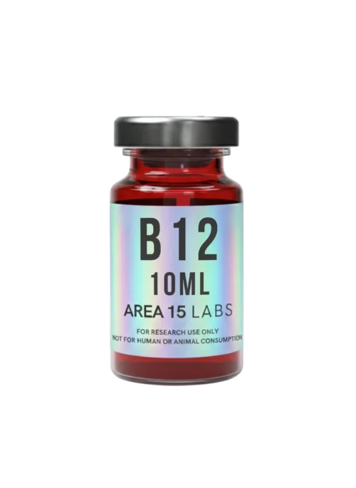 10ml amber glass vial of Methylcobalamin B12 research liquid, clear dark red aqueous solution for laboratory methylation studies.