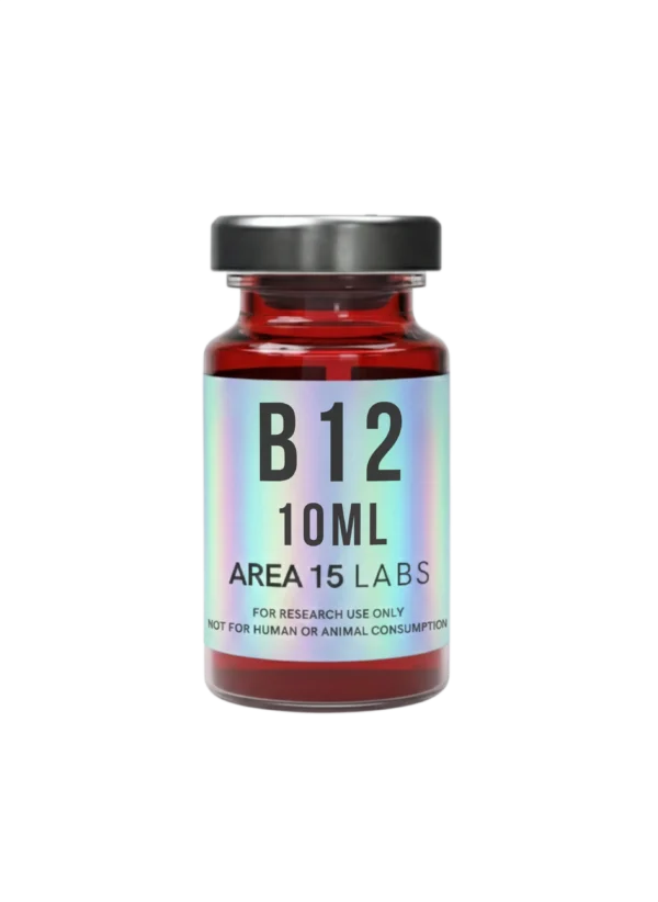 10ml amber glass vial of Methylcobalamin B12 research liquid, clear dark red aqueous solution for laboratory methylation studies.