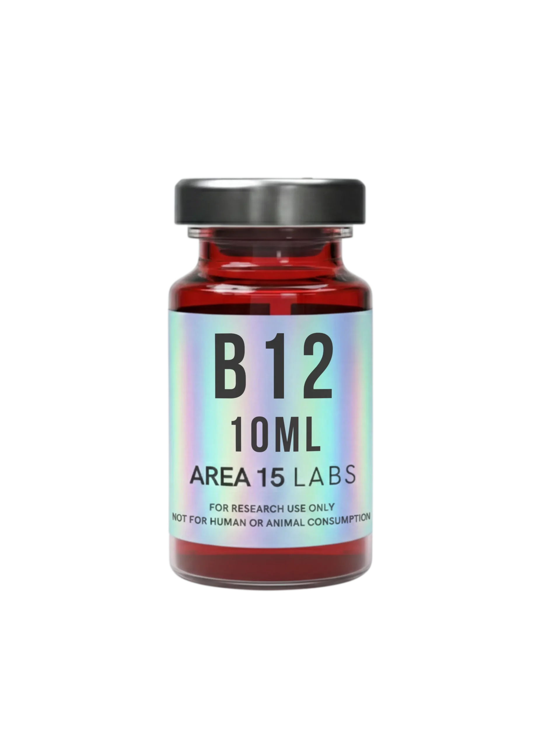 10ml amber glass vial of Methylcobalamin B12 research liquid, clear dark red aqueous solution for laboratory methylation studies.