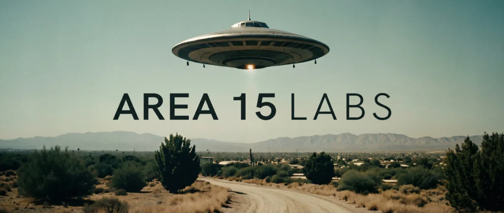 A cinematic image of a UFO hovering over a desert landscape with the text "AREA 15 LABS" centered in the foreground.