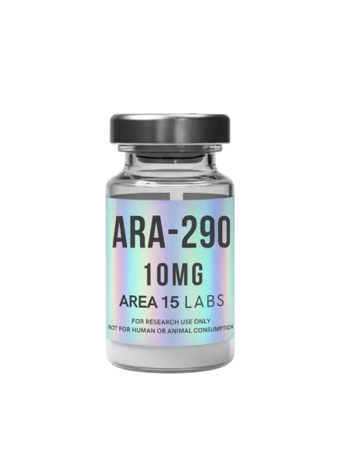 ARA-290 10mg research peptide vial – high-purity lyophilized powder in sealed laboratory vial with product label, molecular formula C64H96N18O14, and batch specifications for EPOR–CD131 pathway studies.