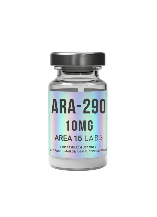 ARA-290 10mg research peptide vial – high-purity lyophilized powder in sealed laboratory vial with product label, molecular formula C64H96N18O14, and batch specifications for EPOR–CD131 pathway studies.